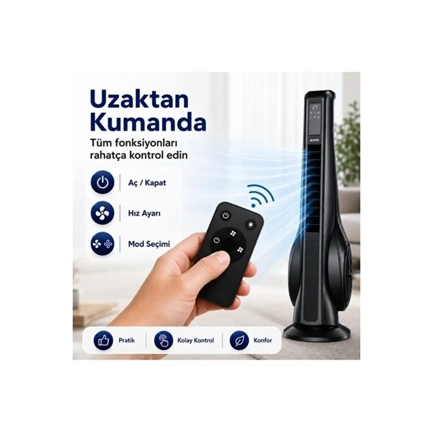 Turbo Smart Akıllı Fan Led Ekranlı Kumandalı 90° Hareketli Serinletici Soğutucu Kule Tipi Vantilatör