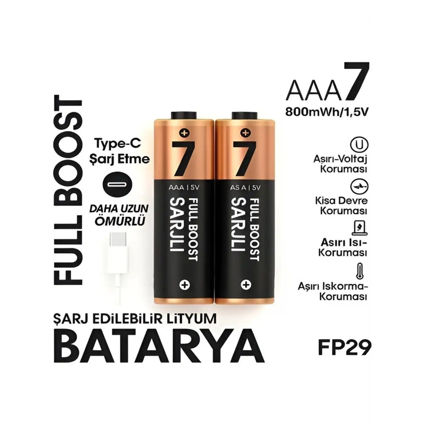 Type-c Şarjlı 800mwh 1.5v Şarj Edilebilir 2’li Aaa İnce Pil - Lityum Iyon Batarya