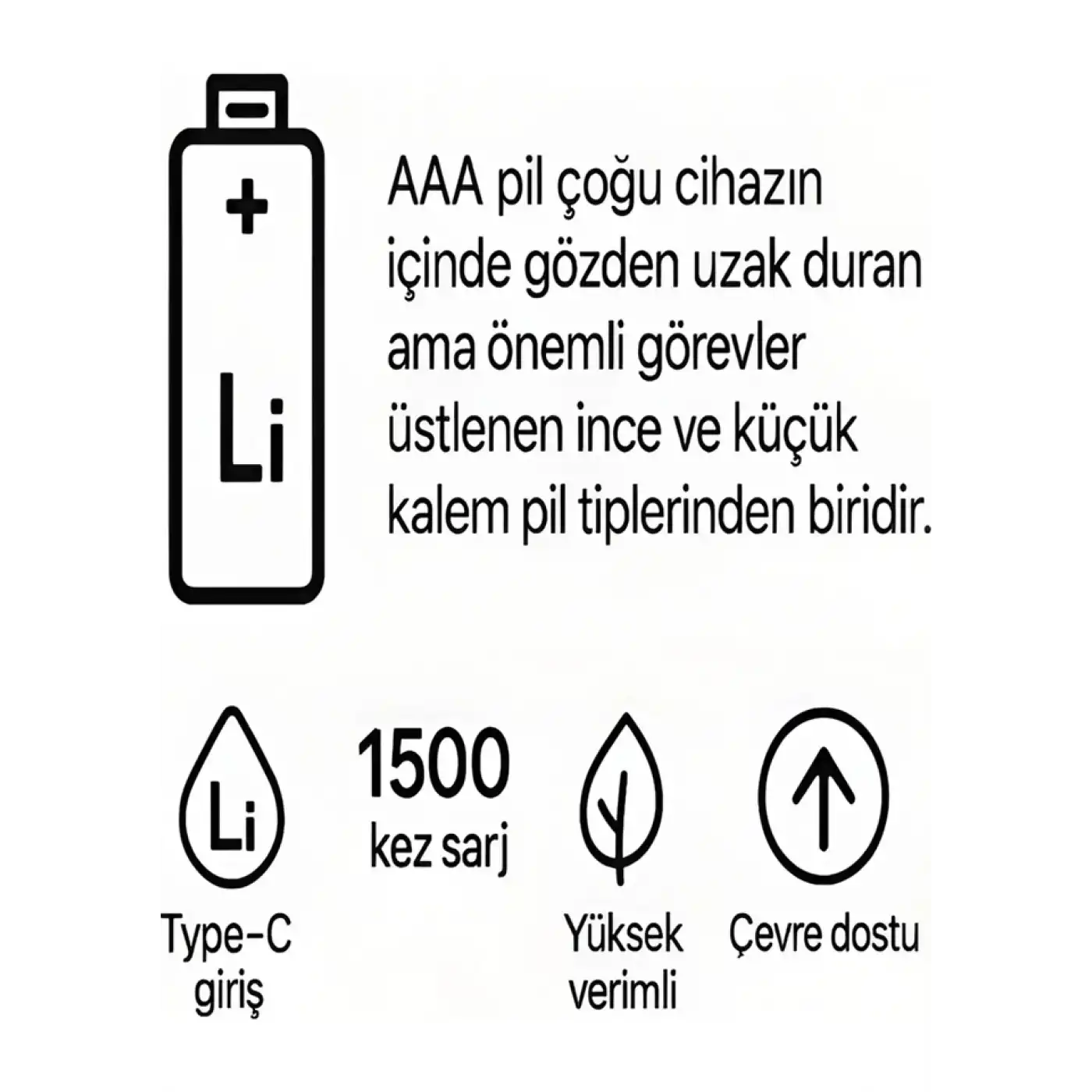 Type-c Şarjlı 800mwh 1.5v Şarj Edilebilir 2’li Aaa İnce Pil - Lityum Iyon Batarya