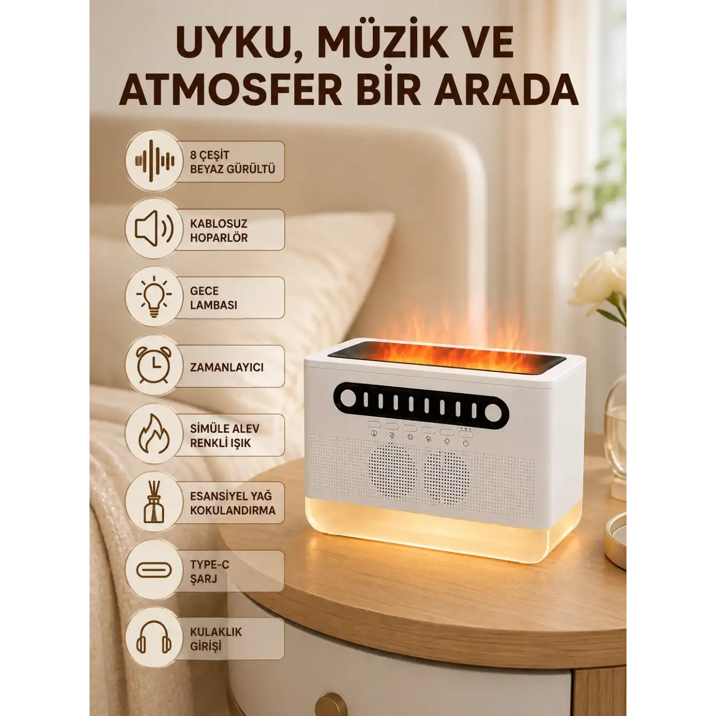 Type-C Şarjlı Kablosuz Hoparlör Beyaz Gürültü ve Atmosfer Işığı