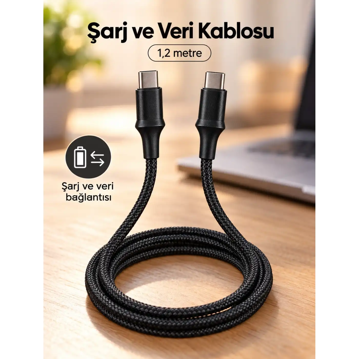 Type C to Type C LED Işıklı Şarj Kablosu 1,2 Metre