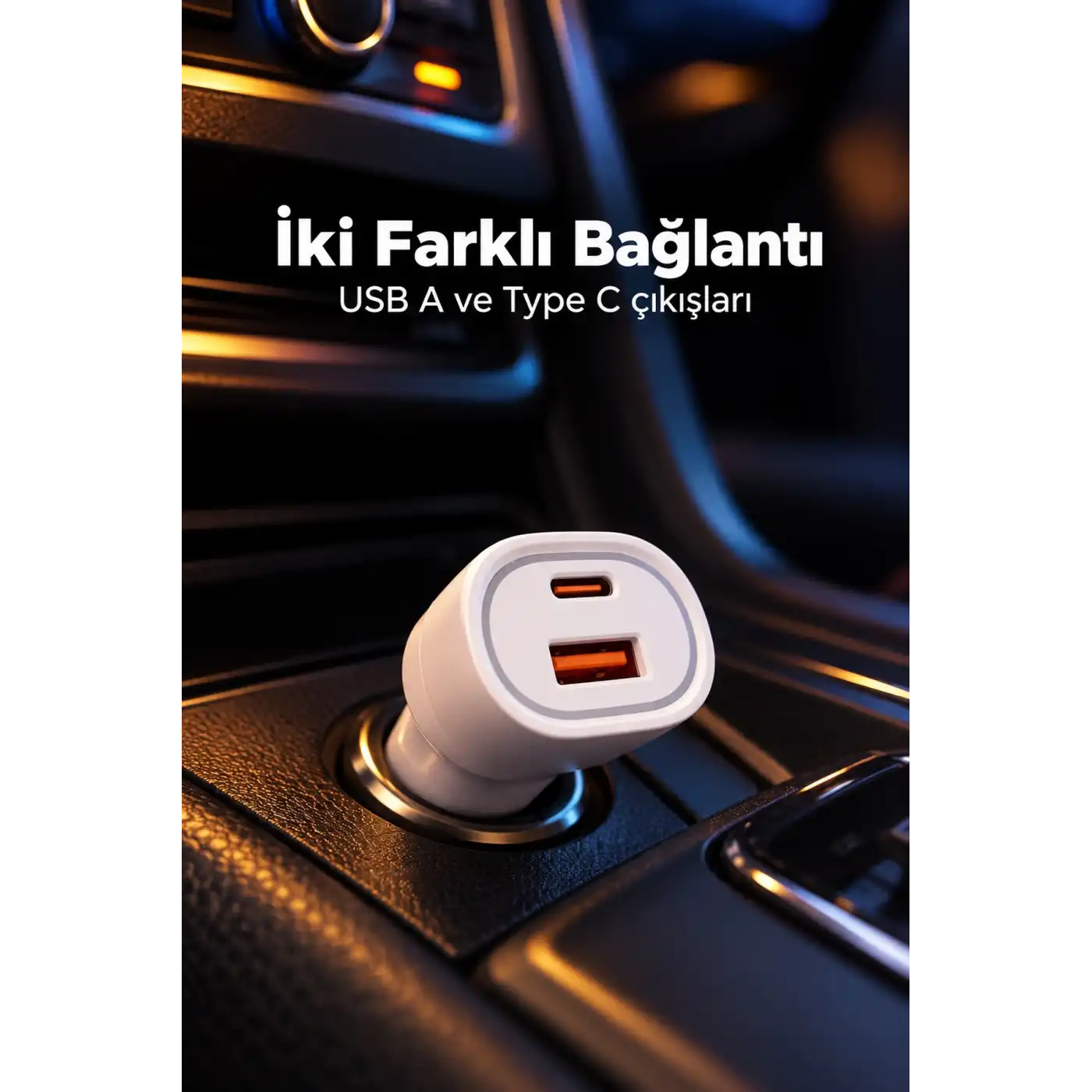 Type C ve USB A Çift Çıkışlı Araç Şarj Aleti