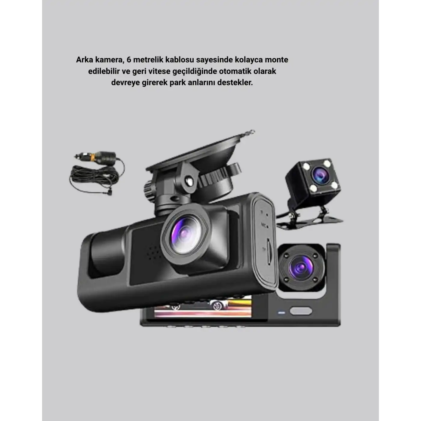 Üç Kameralı Araç DVR Full HD Gece Görüşlü ve 2 inç IPS Ekranlı