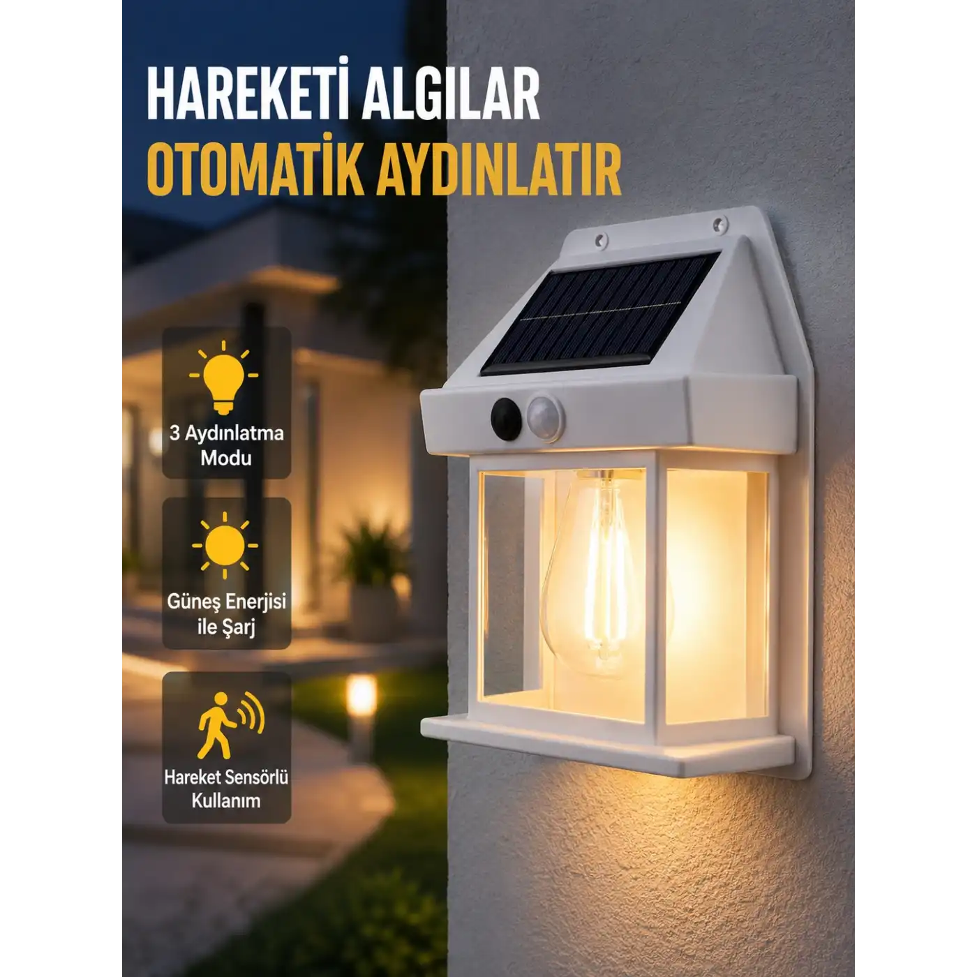 Üç Modlu Güneş Enerjili Duvar Lambası 1800mAh Bataryalı ve Hareket Sensörlü