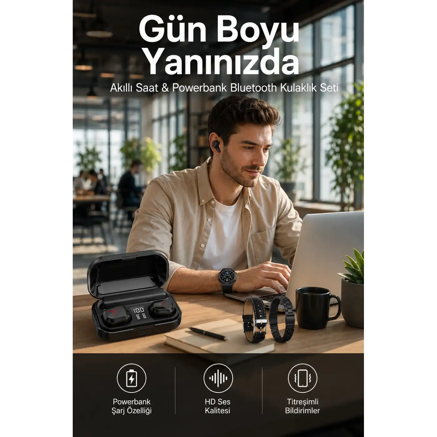 Ucuz Kaliteli Akıllı Saat ve Powerbank Bluetooth Kulaklık 5.1 Stereo ANC Özelliği