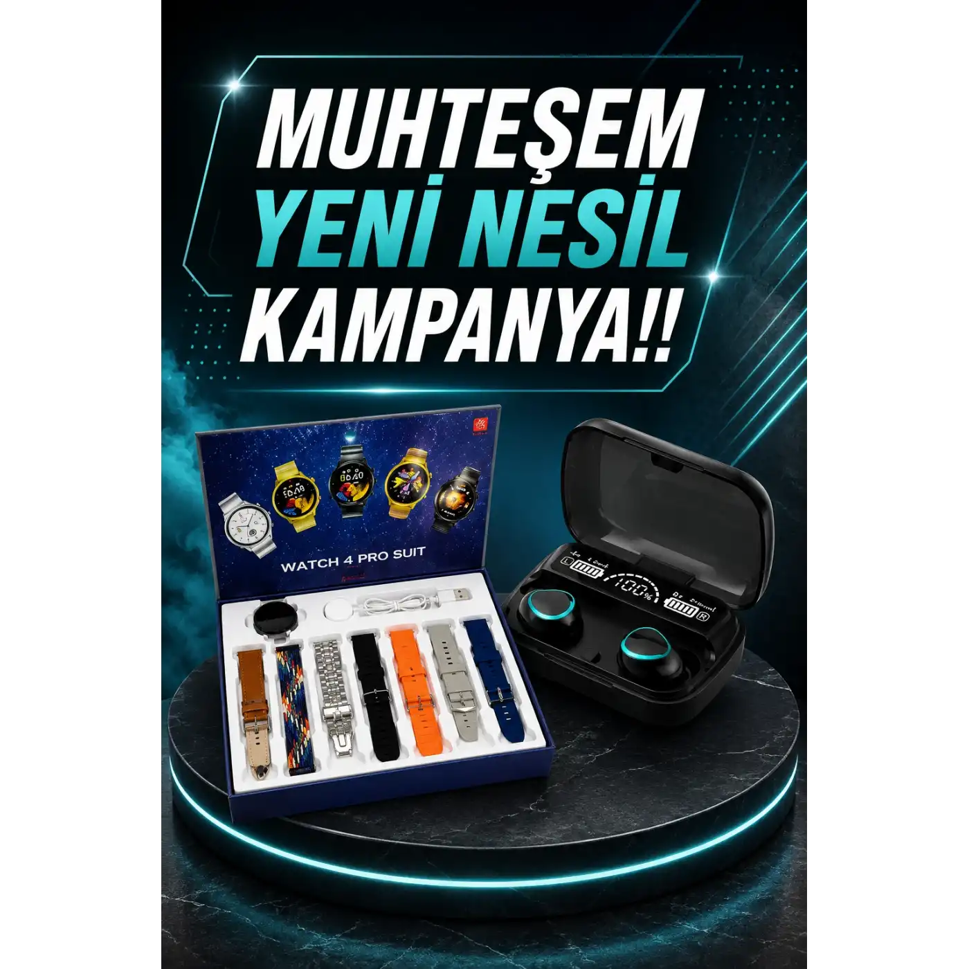 Ucuz Kaliteli Yeni Nesil 7 Kordonlu Akıllı Saat ve Kablosuz Bluetooth Kulaklık ANC Özelliği