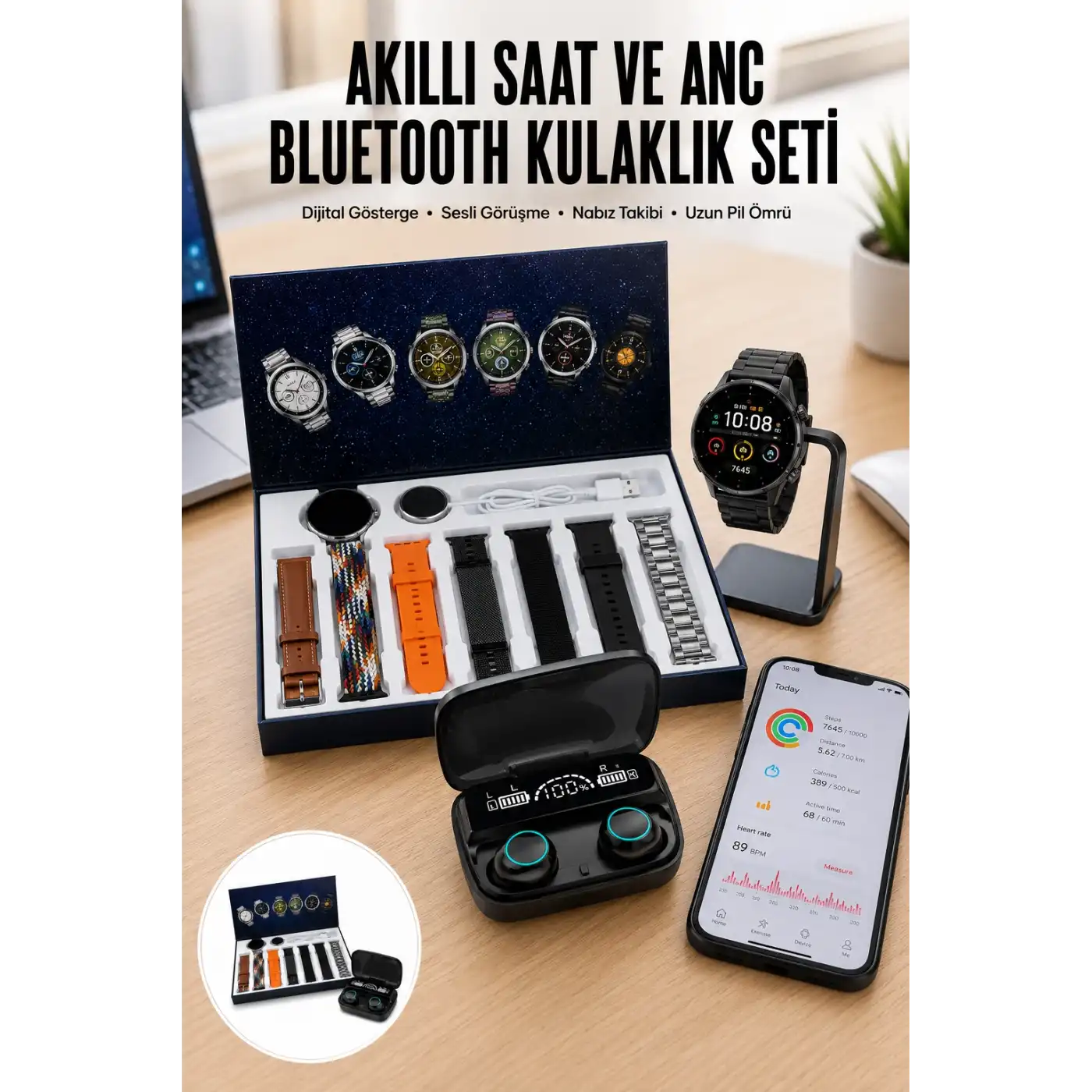 Ucuz Kaliteli Yeni Nesil 7 Kordonlu Akıllı Saat ve Kablosuz Bluetooth Kulaklık ANC Özelliği
