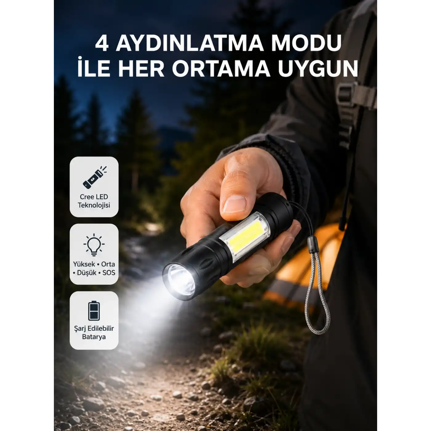 Ultra Dayanıklı 4 Mod Şarjlı Işıldak | Suya ve Darbeye Dayanıklı | 100.000 Saat LED Ömrü
