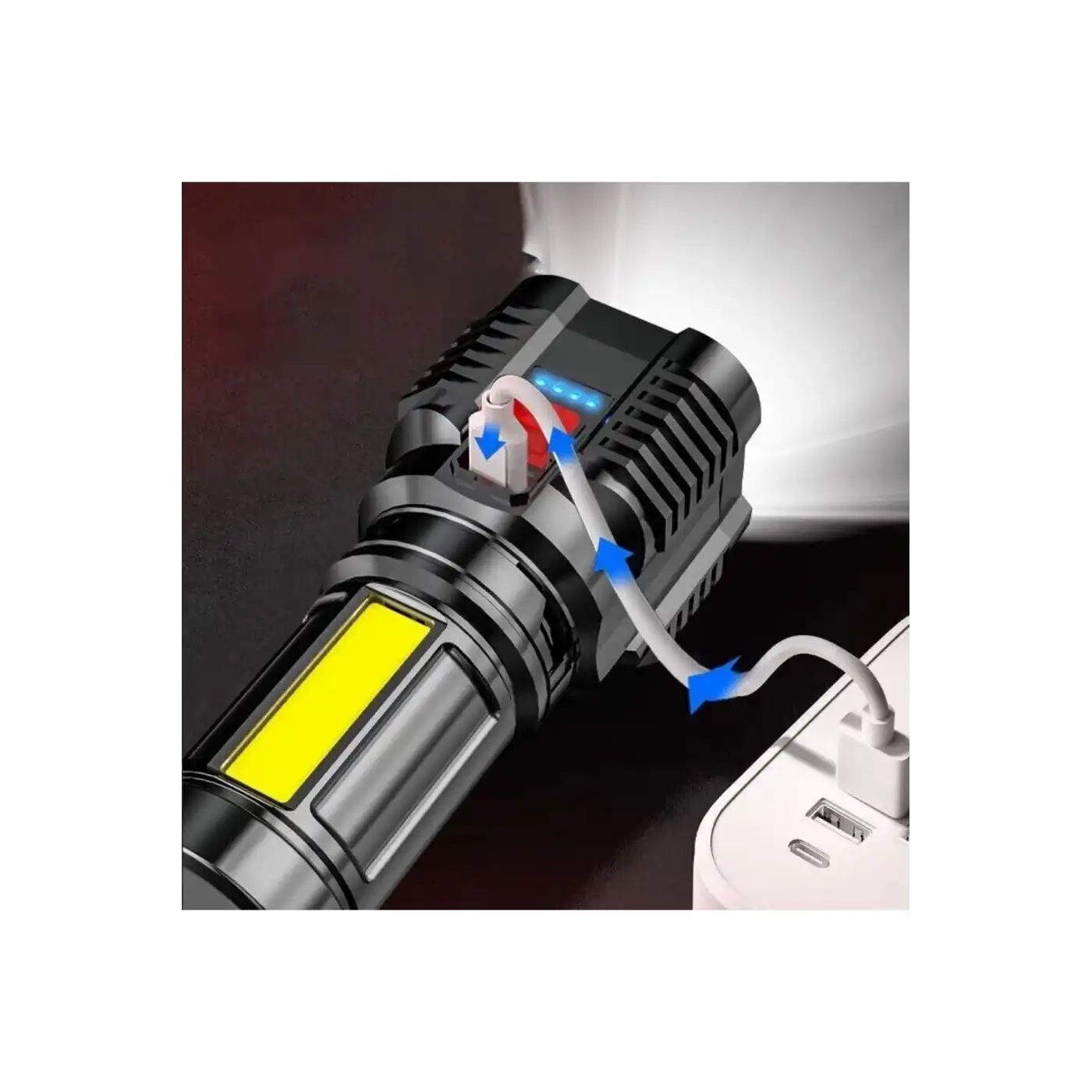 Ultra Parlak El Feneri Usb Şarj 4 Led+Yan Cob Led Taktik Günlük Hayat Kamp Avcılık El Feneri