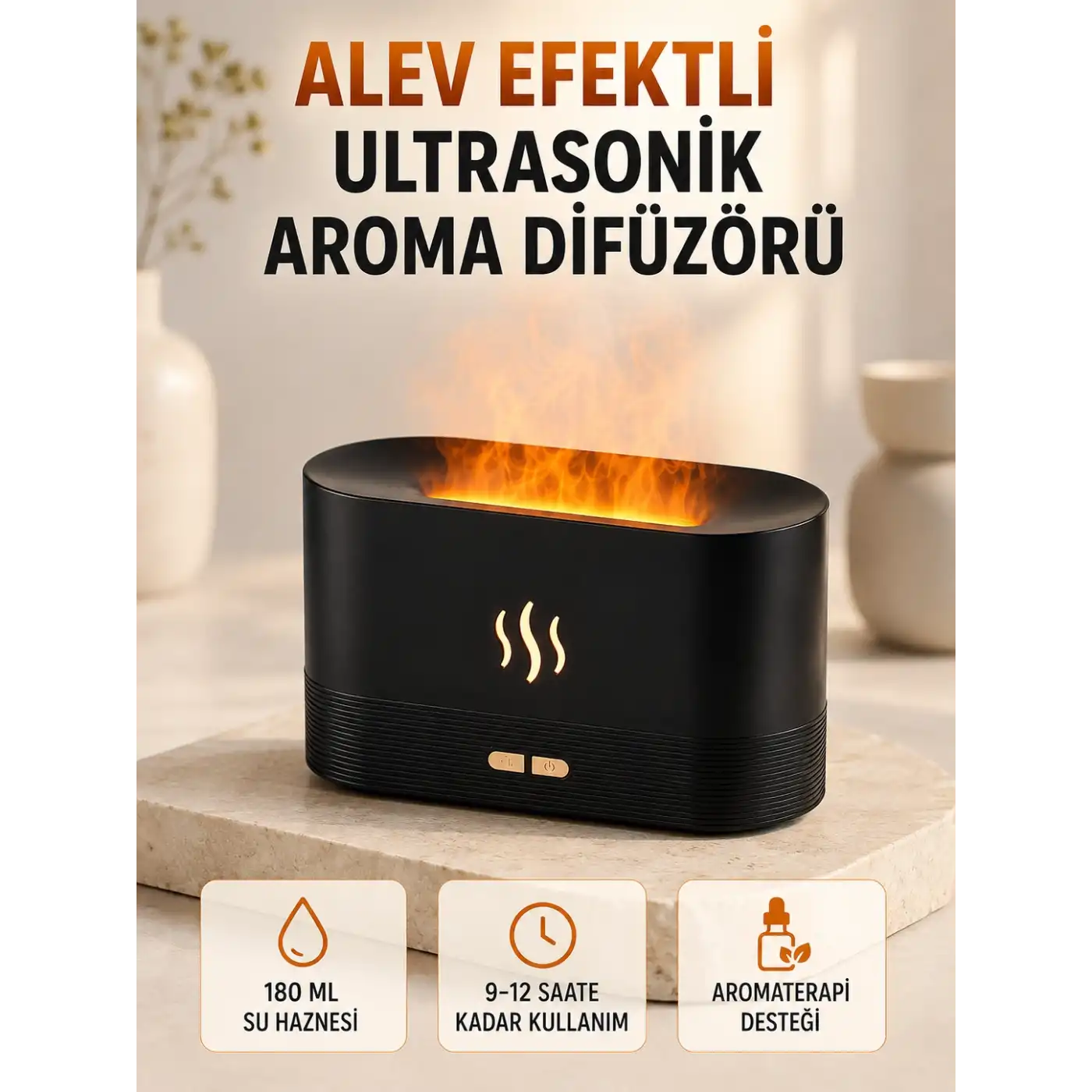 Ultrasonik Aromaterapi Difüzörü 180 ML Hazneli Dekoratif Alev Efektli Nemlendirici