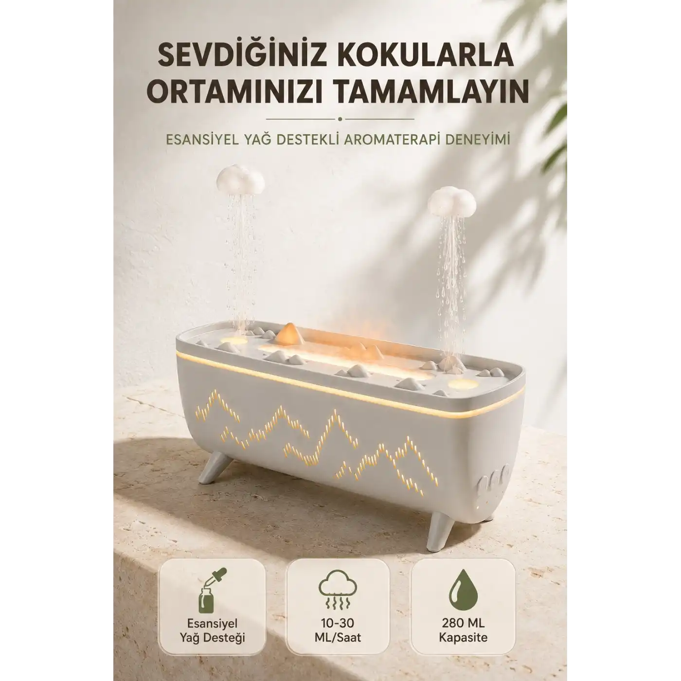 Ultrasonik Hava Nemlendirici Aromaterapi Difüzörü Jöle Yağmur Efektli LED Işıklı 280 ML