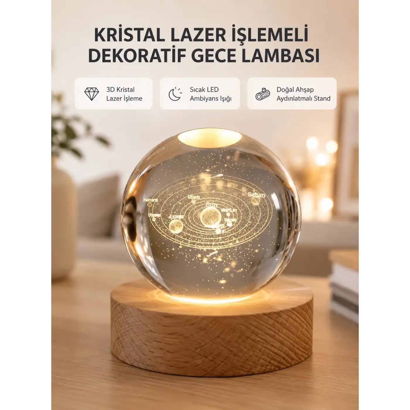 USB Bağlantılı Işıklı Kristal Küre Modern Ahşap Tabanlı Dekor