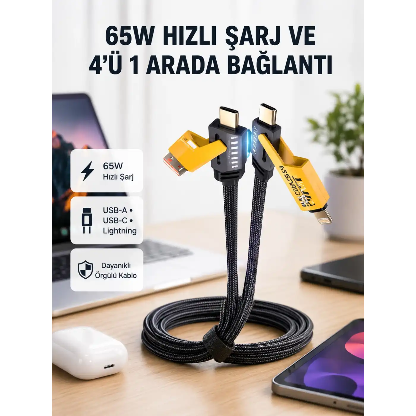 USB-C USB-A 4’ü 1 Arada Örgülü Kablo 65W Hızlı Şarj Metal Uç Dayanıklı