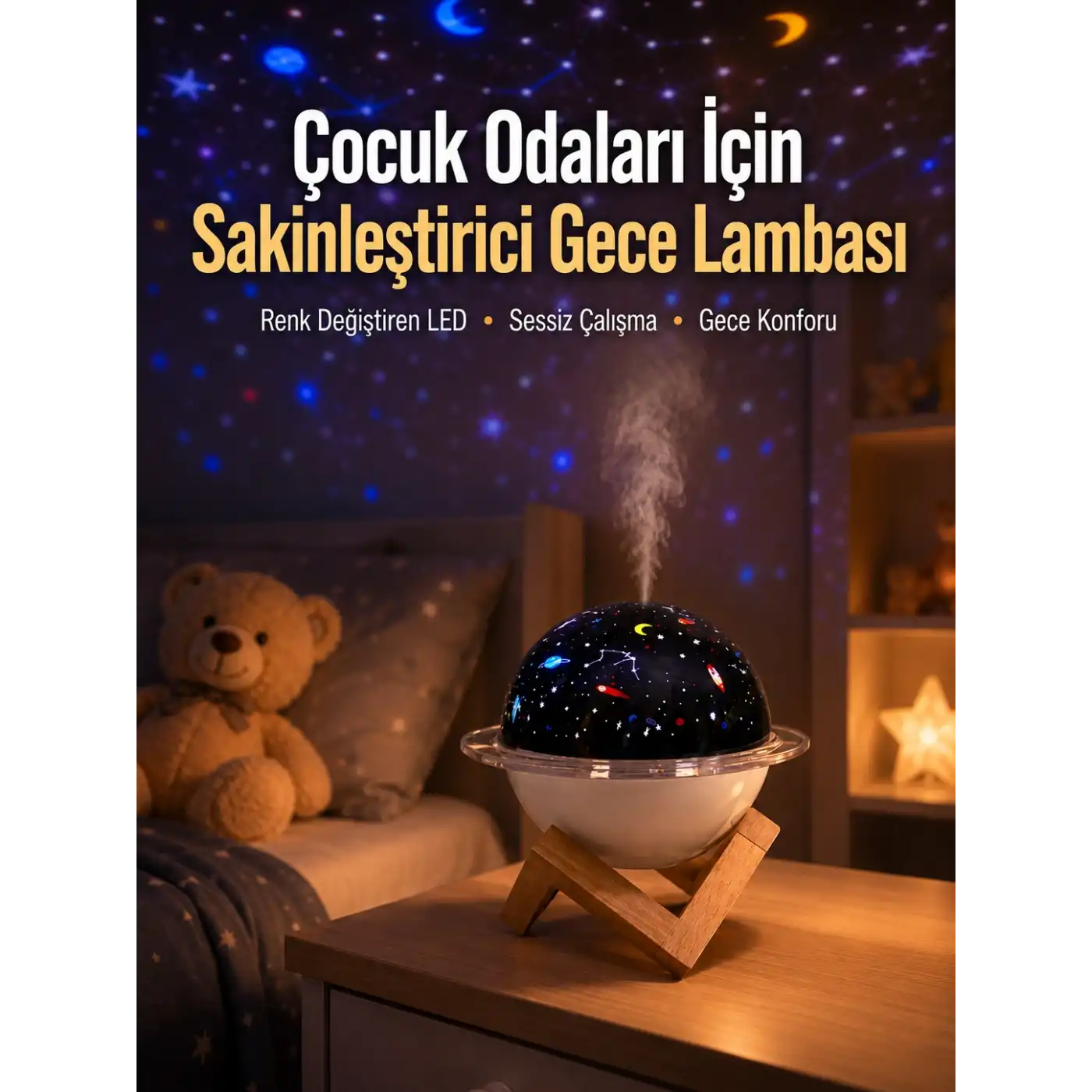 USB ile çalışan projektörlü aromaterapi nemlendirici masaüstü kullanım için uygun