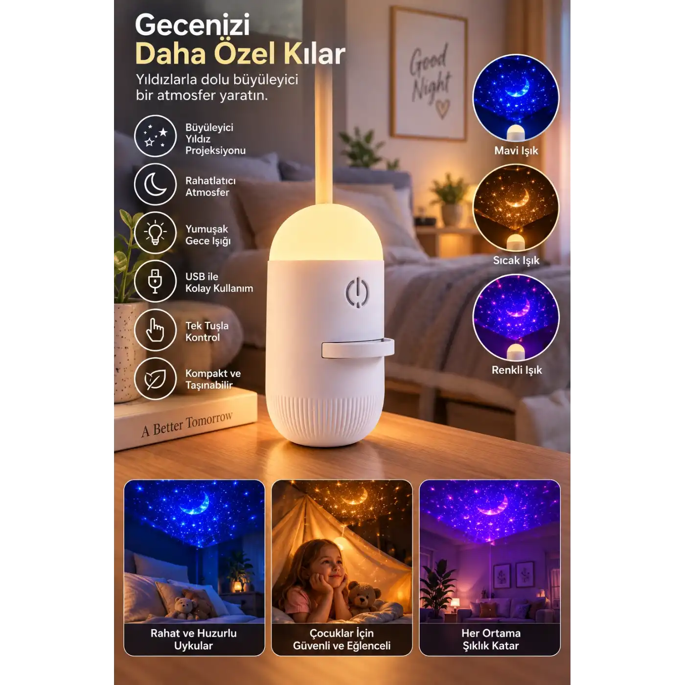 USB Kullanımlı Yıldız Projeksiyonlu Dekoratif Gece Işığı