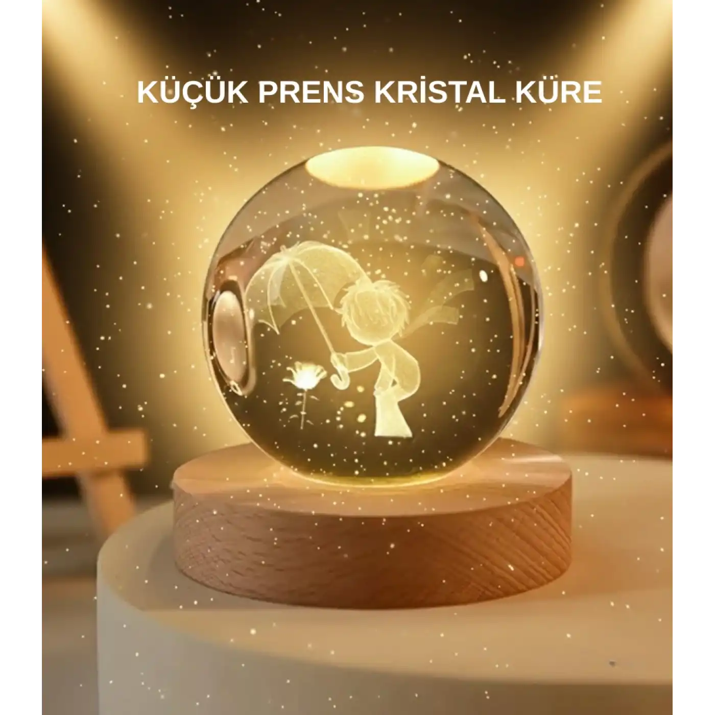 USB LED 3D Küçük Prens Kristal Küre Ahşap Standlı Gece Lambası