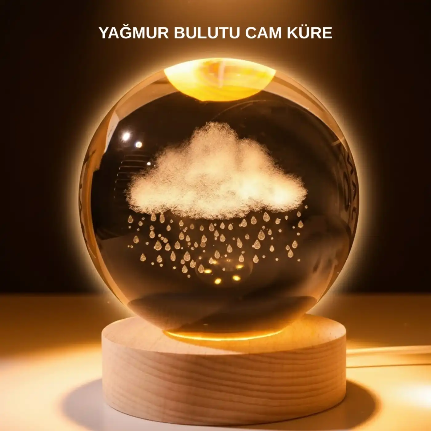 USB LED 3D Yağmur Bulutu Kristal Küre Sıcak Işıklı Ahşap Standlı Gece Lambası