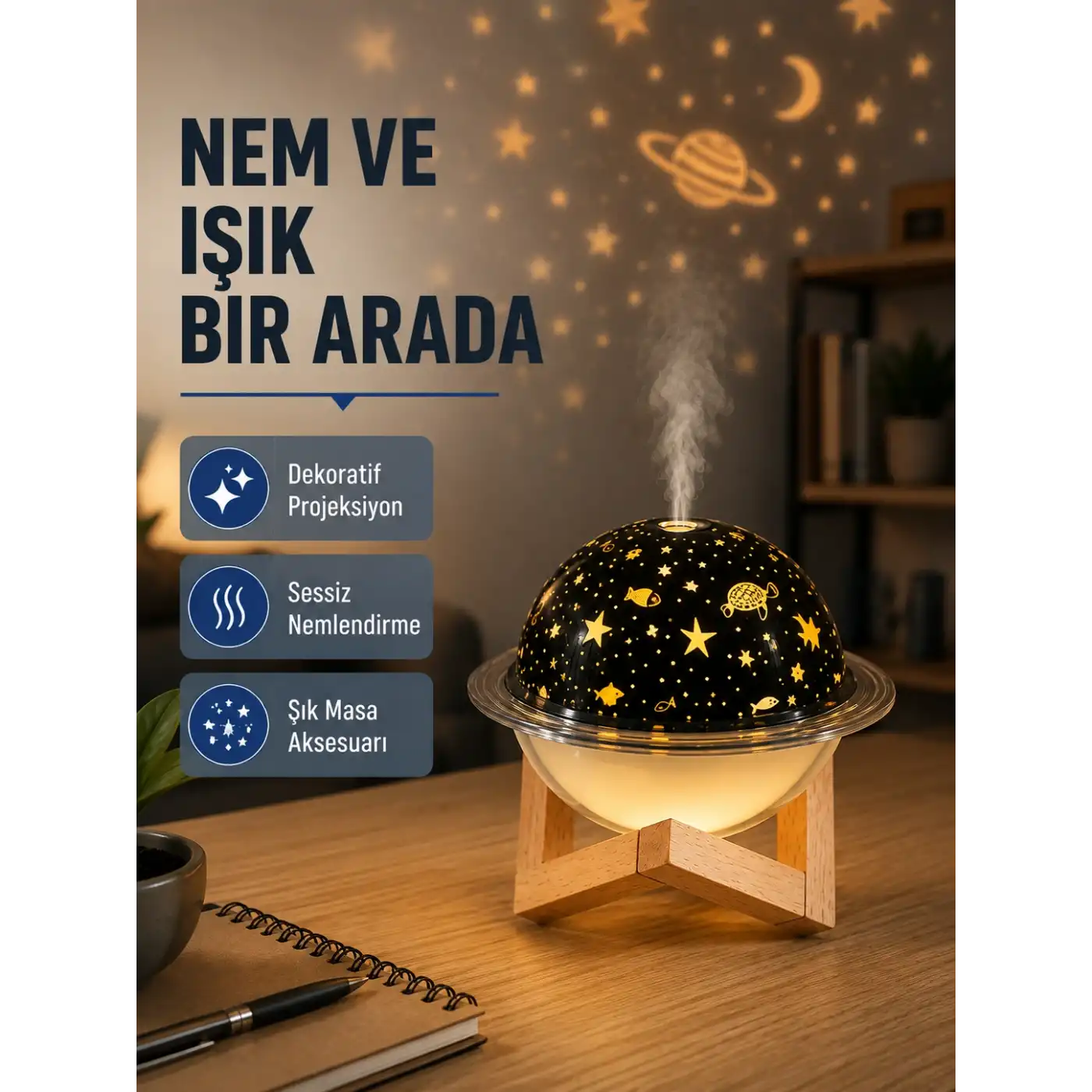 USB Projeksiyon Gece Lambası ve Hava Nemlendirici – Aromaterapi Destekli, Taşınabilir Mini