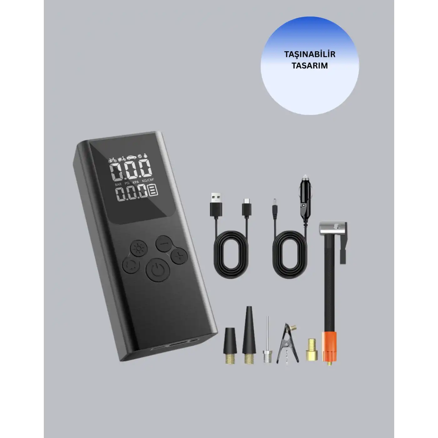 USB Şarjlı Taşınabilir Hava Kompresörü Dijital Ekranlı