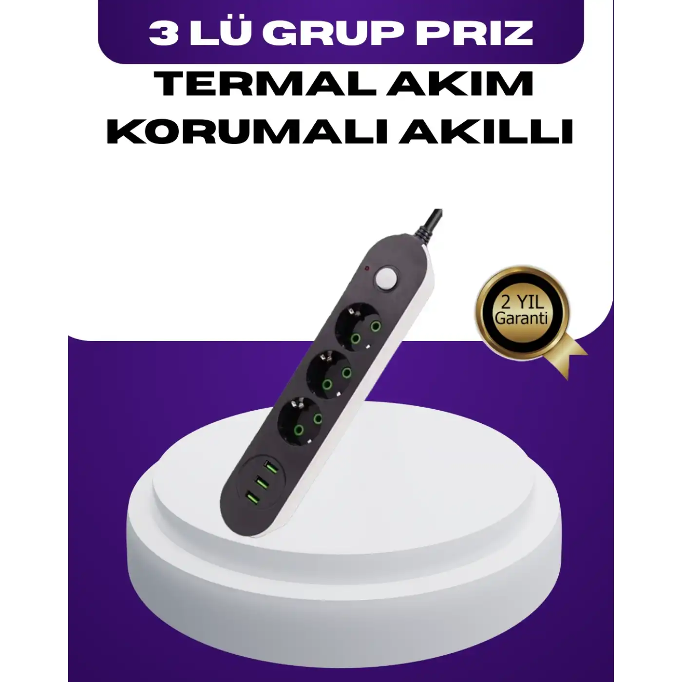 USB Yuvalı Anahtarlı Üçlü Priz 2 Metre Kablolu