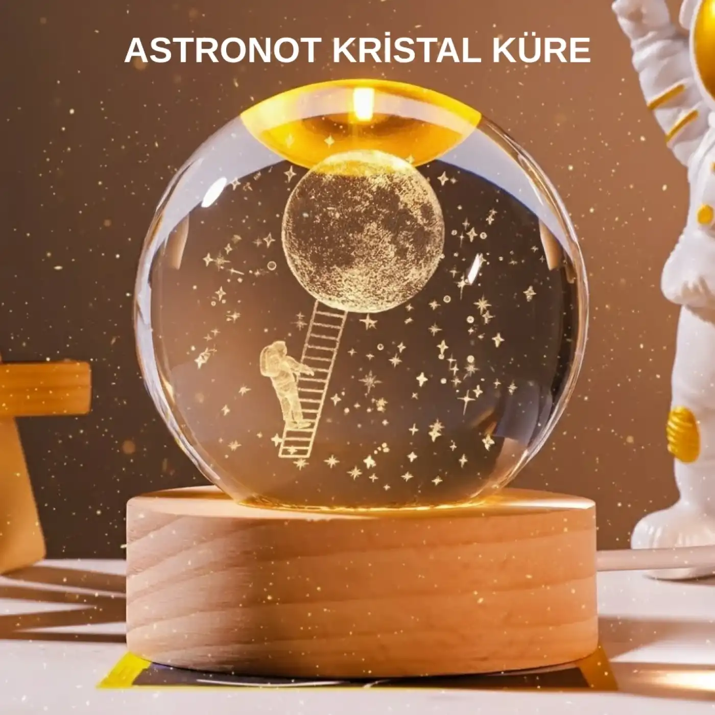 USB’li 3D Astronot Kristal Küre – Modern Uzay Temalı Gece Lambası