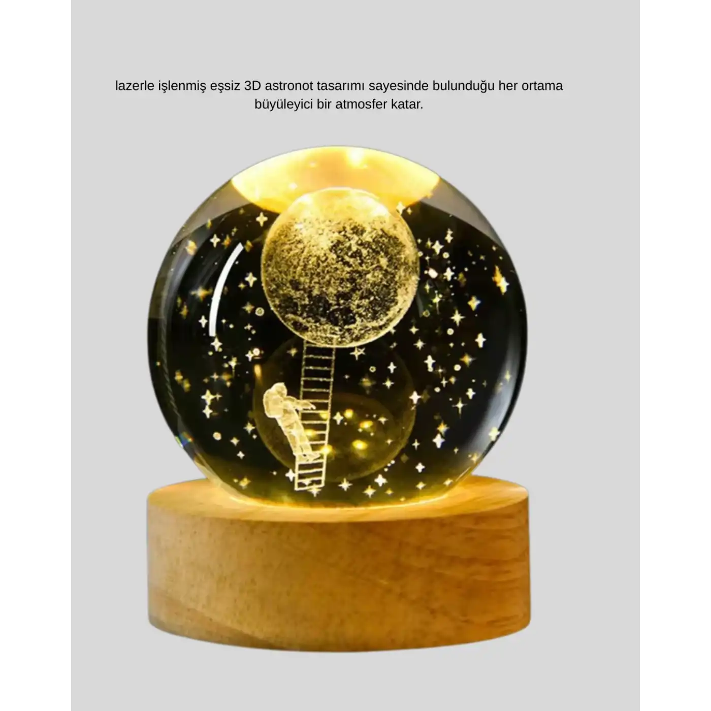 USB’li 3D Astronot Kristal Küre – Modern Uzay Temalı Gece Lambası