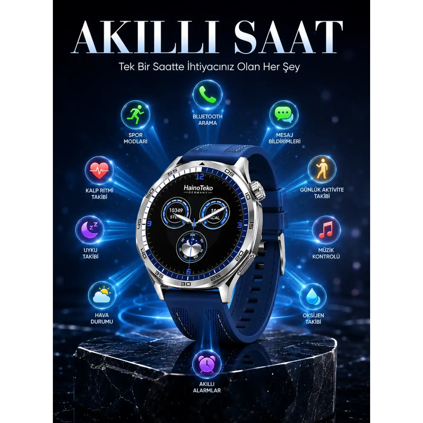 AMOLED Ekranlı Bluetooth Akıllı Saat 3 Kordonlu Uzun Pil Ömürlü