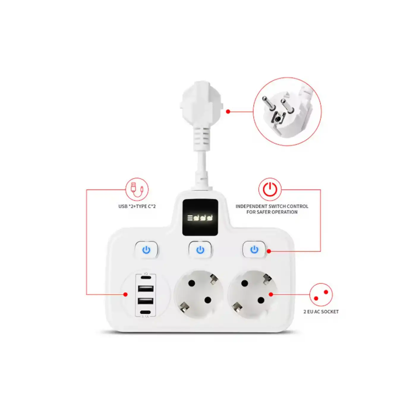 Vtn-503 Akım Korumalı Duvar Tipi Priz 2x Usb 2x Priz Typce 20w