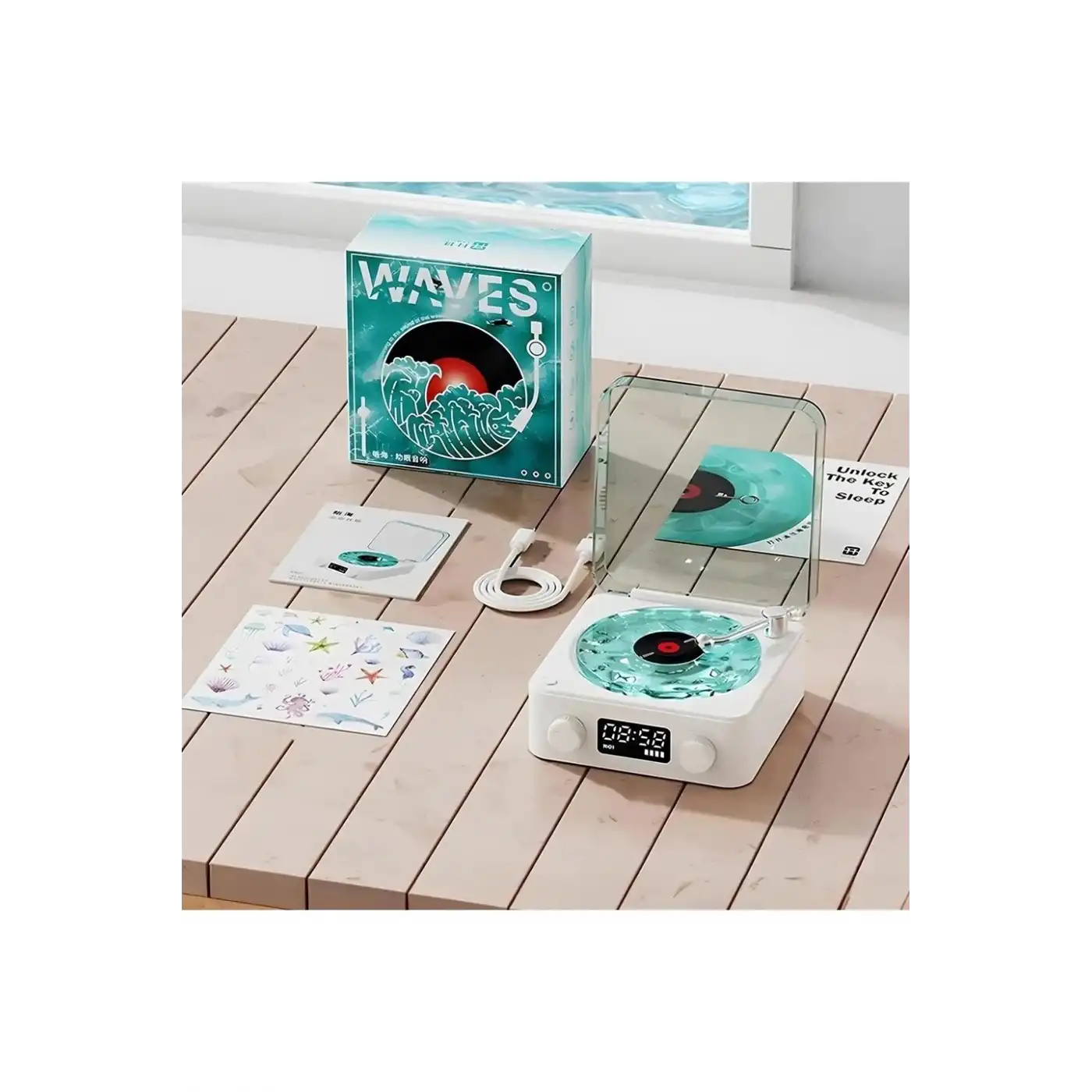 Waves Nostalji Plak Görünümlü Bluetooth Hoparlör 3d Ses Dalgası Retro Müzik Plak Mavi