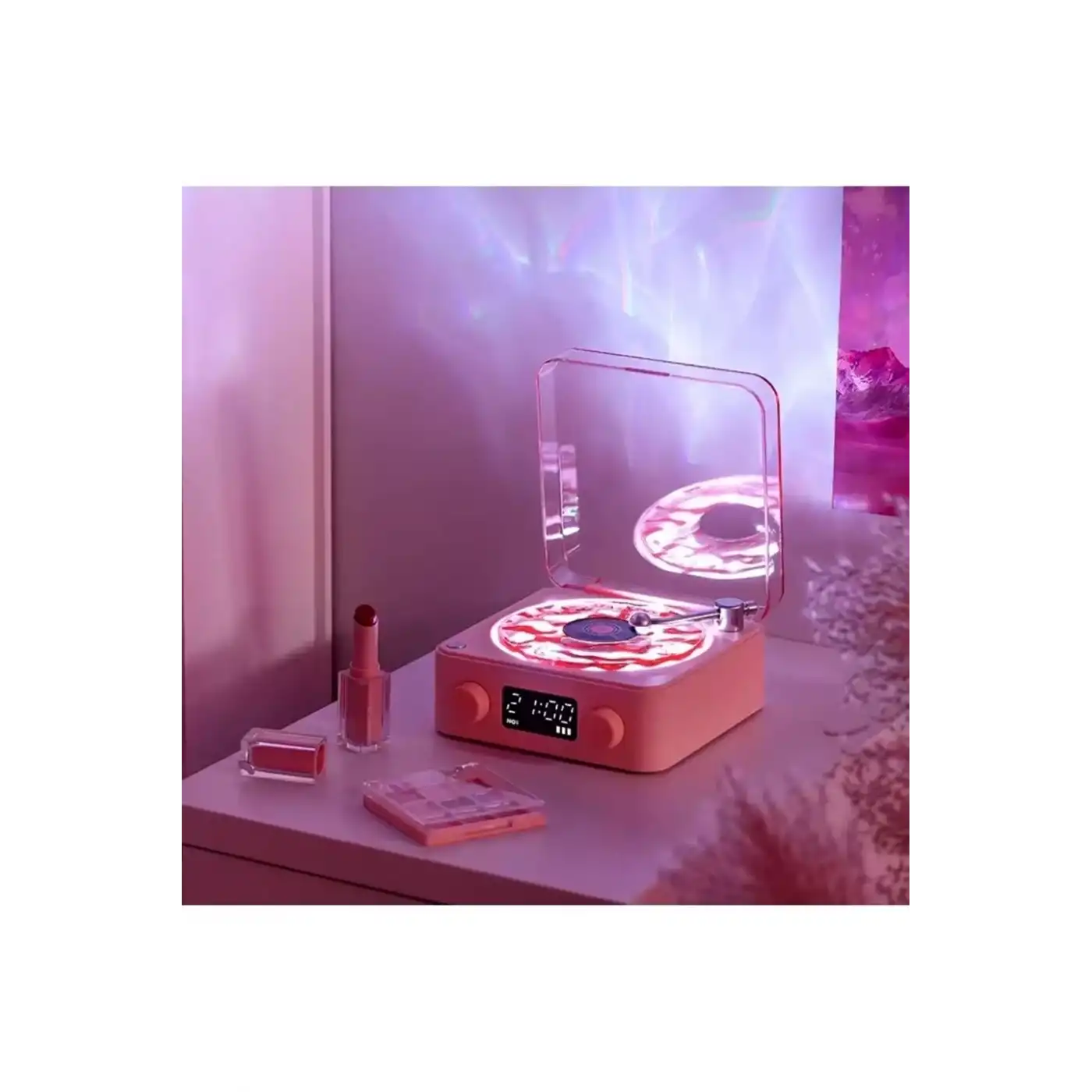 Waves Nostalji Plak Görünümlü Bluetooth Hoparlör 3d Ses Dalgası Retro Müzik Plak Pembe