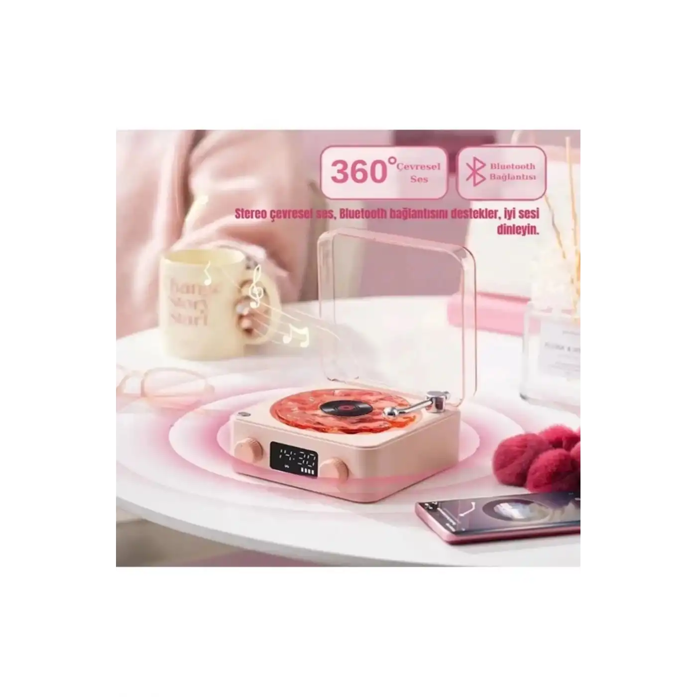 Waves Nostalji Plak Görünümlü Bluetooth Hoparlör 3d Ses Dalgası Retro Müzik Plak Pembe