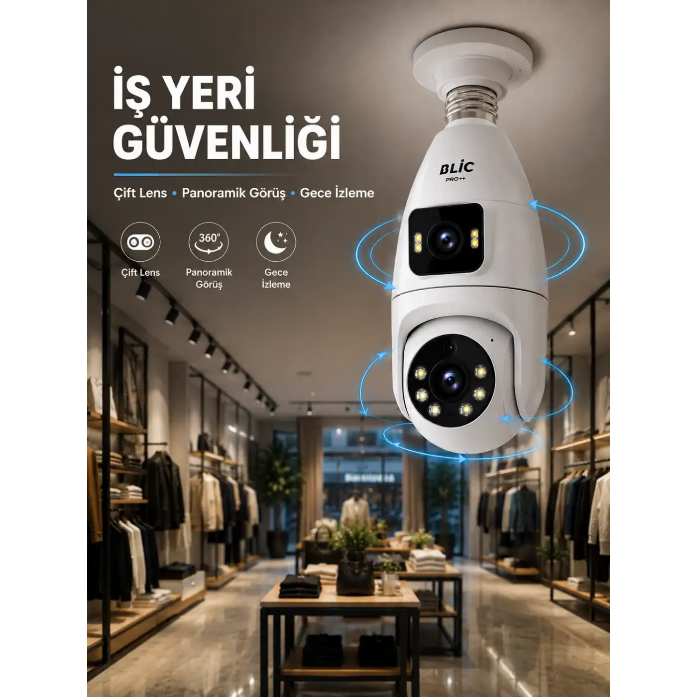 Wi-Fi Çift Lens Ampul Kamera  Akıllı Ev Güvenliği