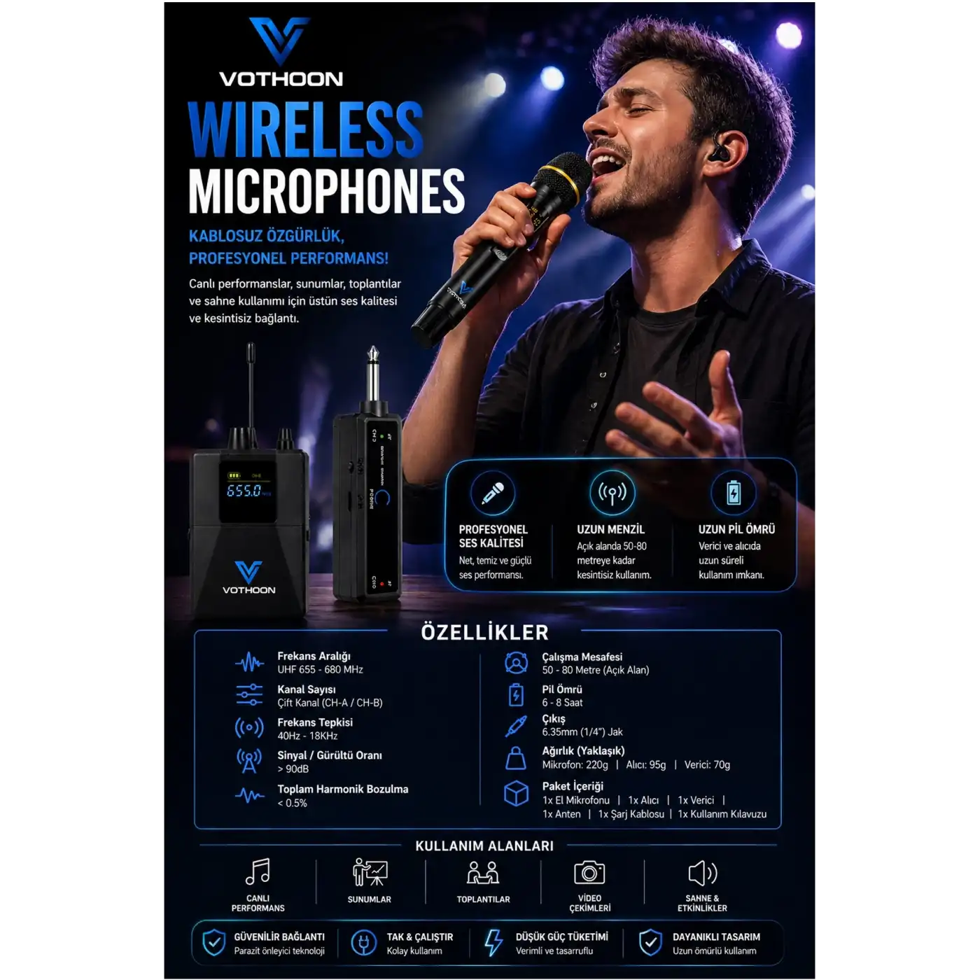 Wireless Mikrofon Sistemi Uhf Kablosuz El Mikrofonu Profesyonel Ses Performansı 50 Mt Menzil