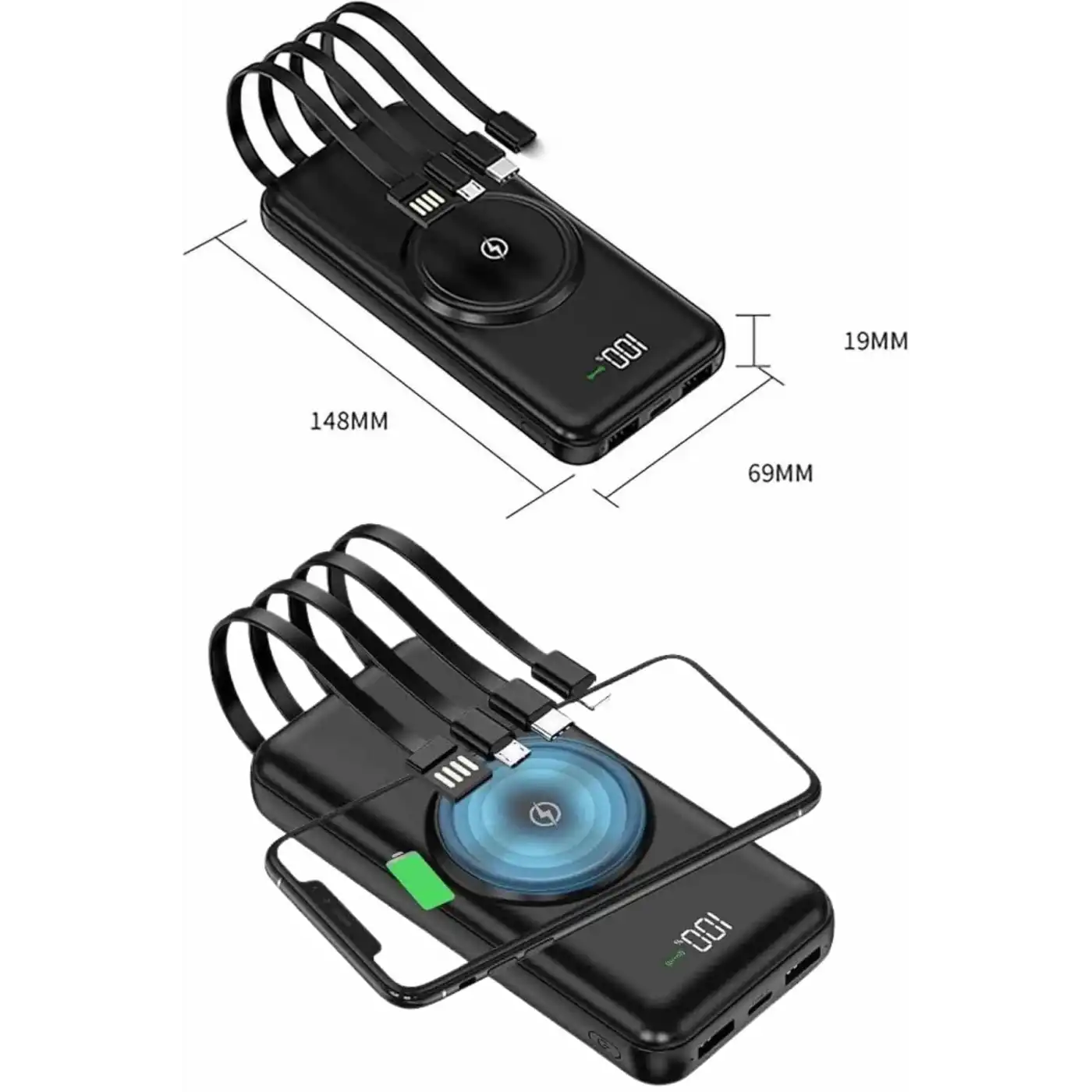 Wireless Powerbank 10000 Mah LED Ekranlı Dahili Kablolu Hızlı Şarj