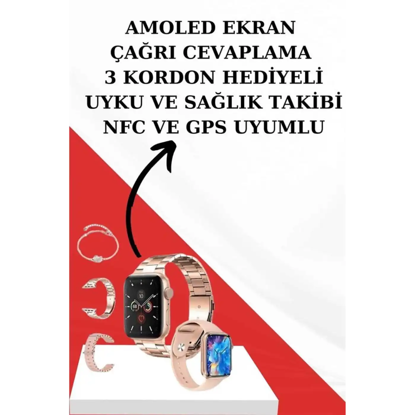 Wireless Şarjlı Pembe Akıllı Saat ve Kablosuz Bluetooth Kulaklık Dokunmatik Kontrol