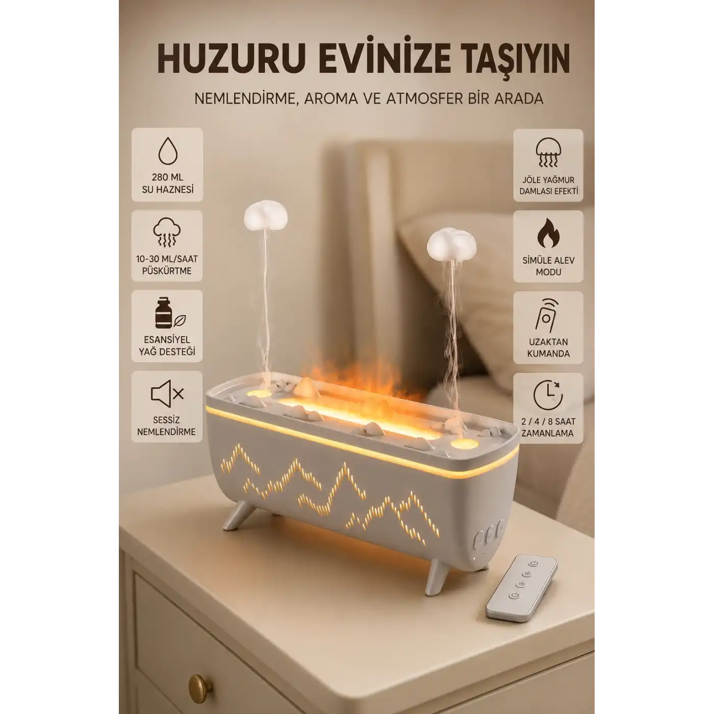 Yağmur Efektli Hava Nemlendirici 280 ML Aromaterapi Difüzörü Alev Modlu Uzaktan Kumandalı