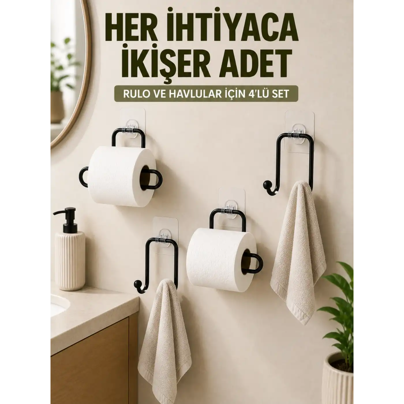 Yapışkanlı Banyo Düzenleme Seti 2 Rulo Tutucu 2 Havlu Askılığı 4 Parça