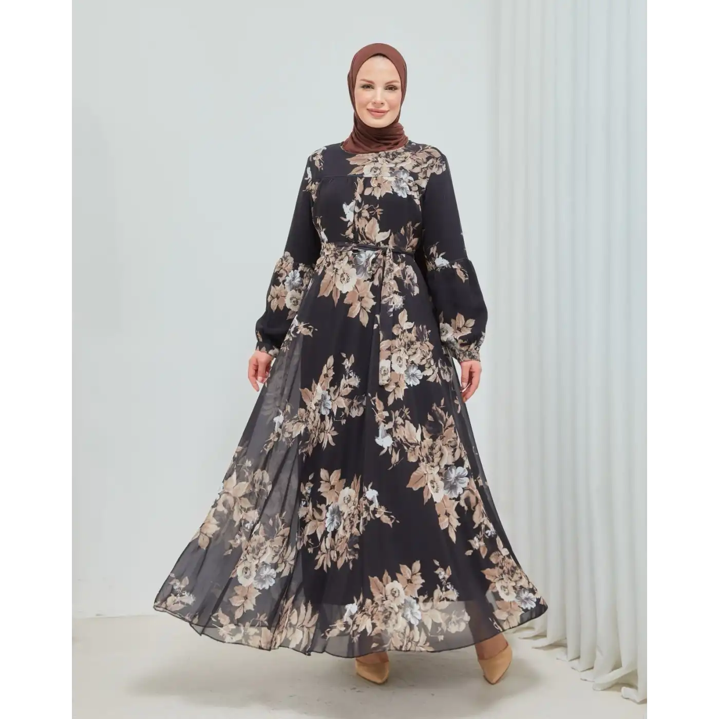 Yaprak Desenli Zarif ve Şık Uzun Boy Büyük Beden Astarlı Şifon Elbise