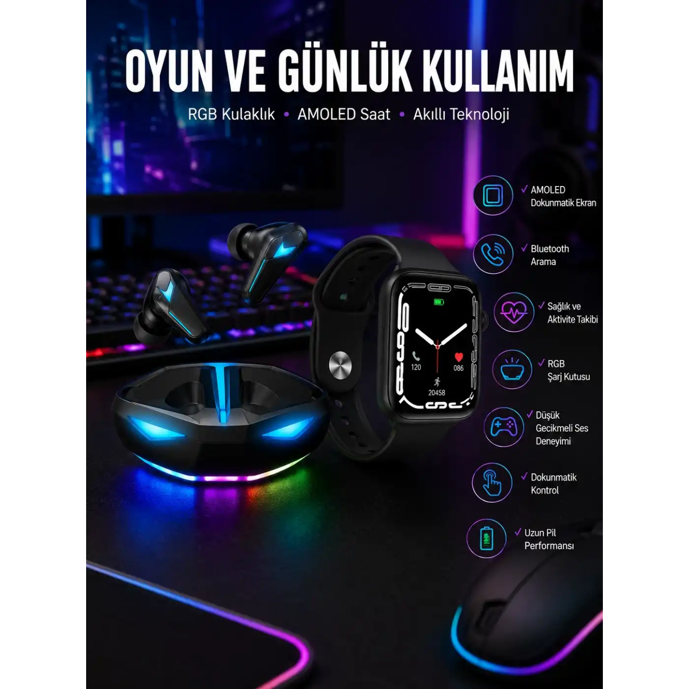 Yeni Nesil Akıllı Saat ve Kablosuz Kulaklık Kampanyası İkili Set Bluetooth Bağlantılı