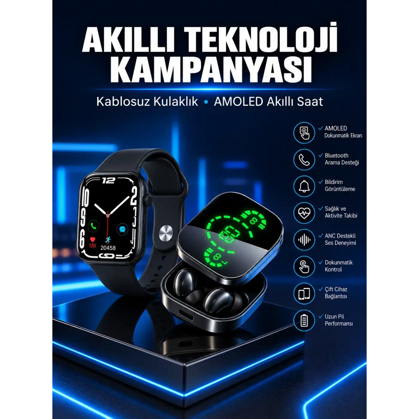 Yeni Nesil Akıllı Saat ve Ucuz Kaliteli Bluetooth Kablosuz Kulaklık Amoled Ekran