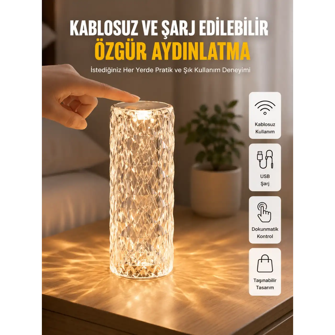 Yeni Nesil Modern Kristal Masa ve Gece Lambası Dokunmatik Renk Değiştirebilen