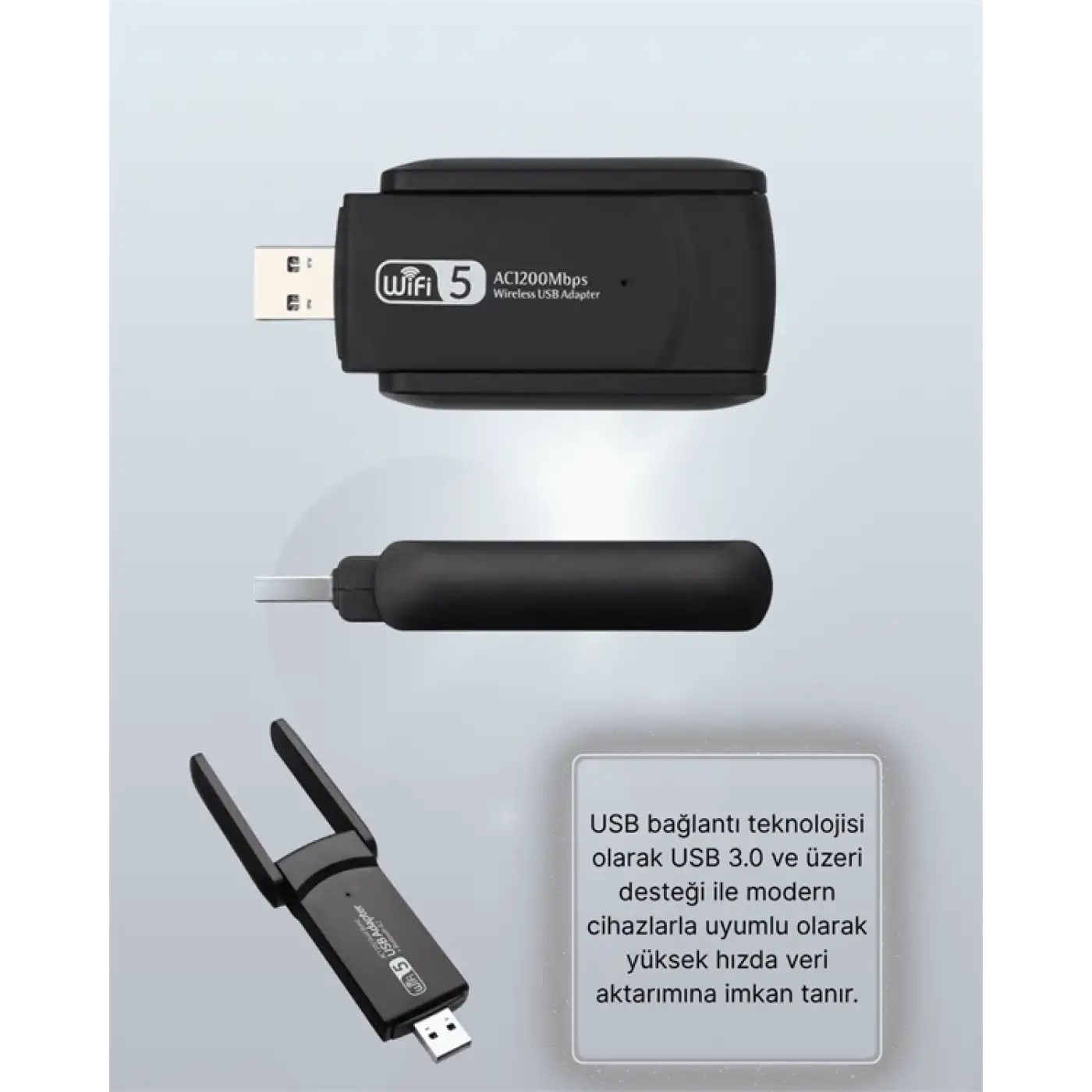 Yüksek Hızlı 1200 Mbps Çift Bant USB WiFi Adaptör – Güçlü Sinyal, Geniş Uyumluluk