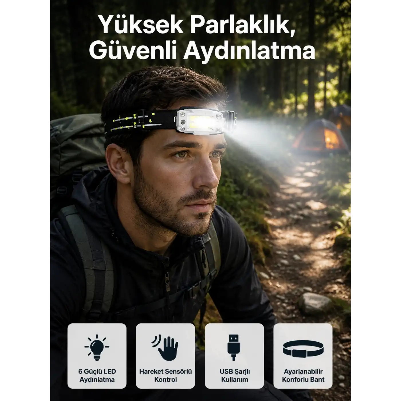 Yüksek Işıklı Şarjlı ve Sensörlü LED Kafa Lambası Kamp Lambası