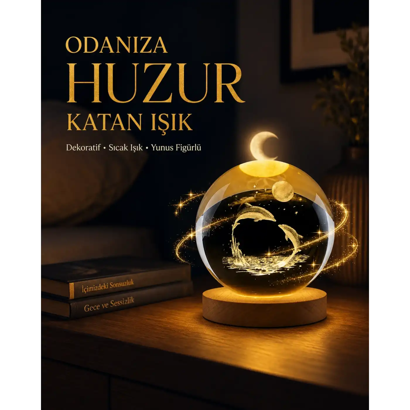 Yunus Temalı Kristal Küre USB Işıklı Ahşap Altlıklı Gece Lambası