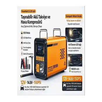 16.000 Mah 5’i 1 Arada Akü Takviyeli Şarjlı Hava Pompası Powerbank Dijital Fener & Hava Üfleme