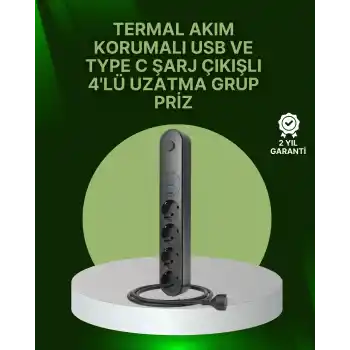 4 Priz 2 USB 1 Type-C Akım Korumalı Çoklu Priz Led Anahtarlı