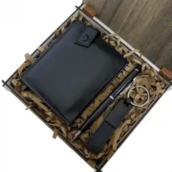 Ahşap Deri Kutulu Siyah Renk 3lü Hediye Seti - Kalem, Cüzdan, Anahtar