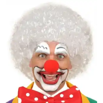 Beyaz Kıvırcık Afro Peruk ve Kırmızı Sünger Burun Seti