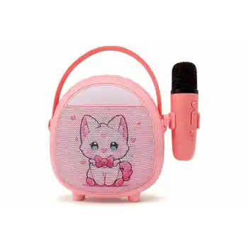 Çocuklara Özel Retro Tasarımlı Bluetooth Karaoke Mikrofon Ve Ahşap Tripodlu – Pembe