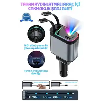 Led Işık Tavan Aydınlatmalı 66w 4’1 Çift Kablolu Hızlı Şarj 3.4a Araç İçi Çakmaklık Şarj Aleti